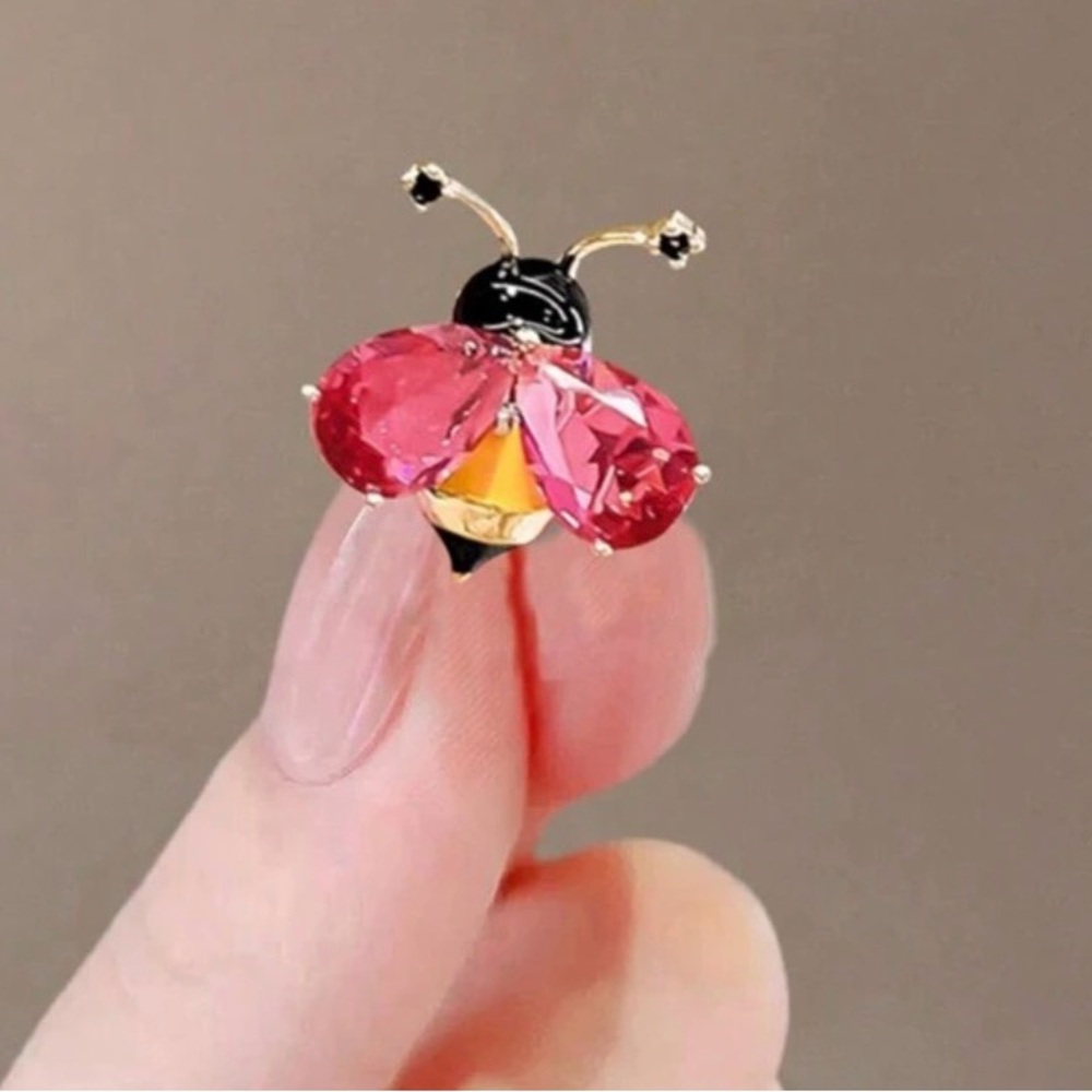 Elegant Pink and Gold Rhinestone Ladybug Brooch